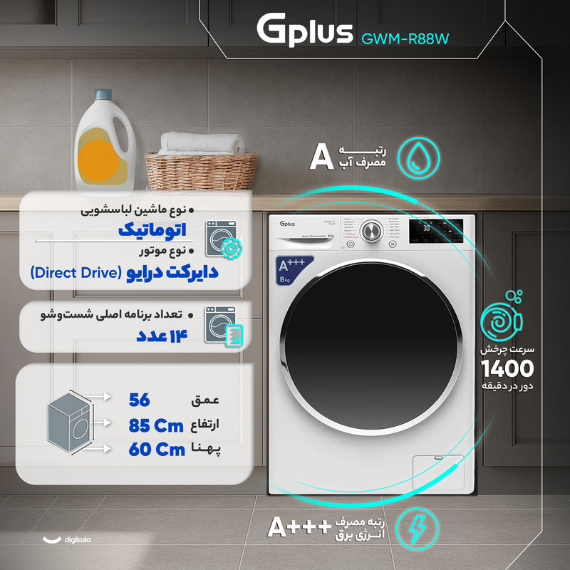 ماشین لباسشویی جی پلاس اتومات 8KG مدل GWM-M870S نقره ای جی‌پلاس - تصویر 5